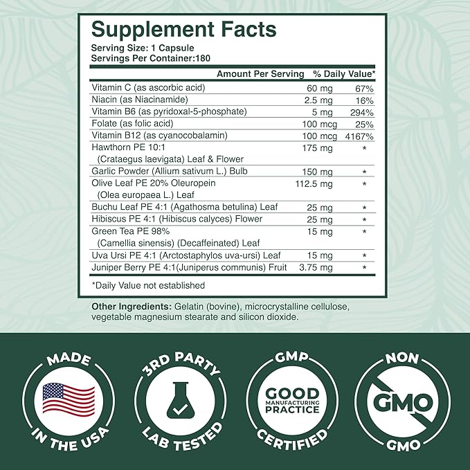 PurePremium Blood Pressure Supplements with Hawthorn Berry, Hibiscus, Garlic & Vitamin B12- Nitric Oxide Supplement for Normal Heart Health, Circulation Health & Blood Pressure Support - 180ct