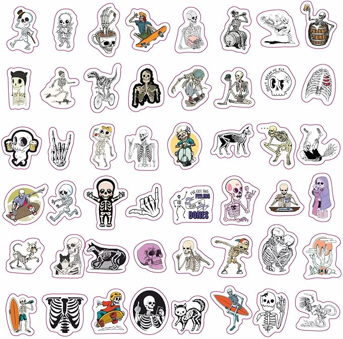 BulbaCraft 100Pcs Skeleton Stickers - Skeleton Party Decorations & Favors, Skull Stickers, Men - Spooky Halloween Decals Waterproof, Gifts for Women & Men