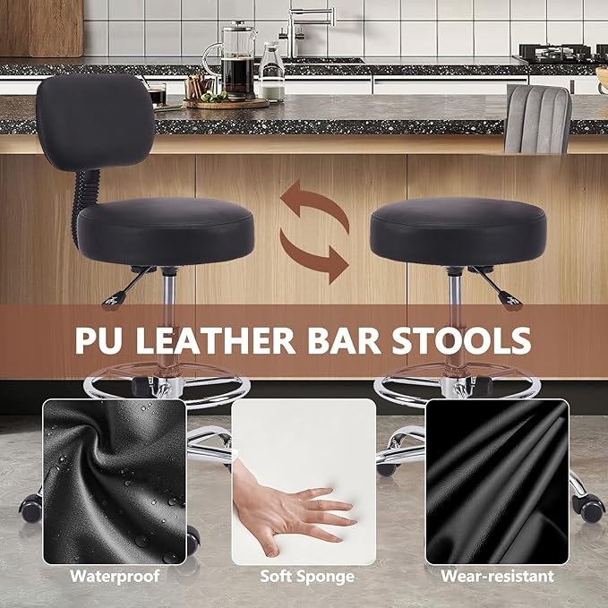 Drafting Stool Chair with Ergonomic Backrest & Footrest, Padded Leather Seat Adjustable Height 360° Swivel Rolling Stools, Tall Office Chair for Standing Desk, Counter, Medical, Black, 2 Pack