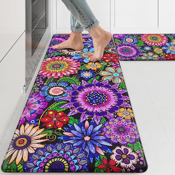 Likiyol Boho Kitchen Rugs Boho Floral Anti Fatigue Kitchen Mat for Floor Bohemian Flowers Non Slip Washable Kitchen Floor Mats, Comfort Standing Mat, 18''x30''+18''x48'', 0.47" Th, Purple