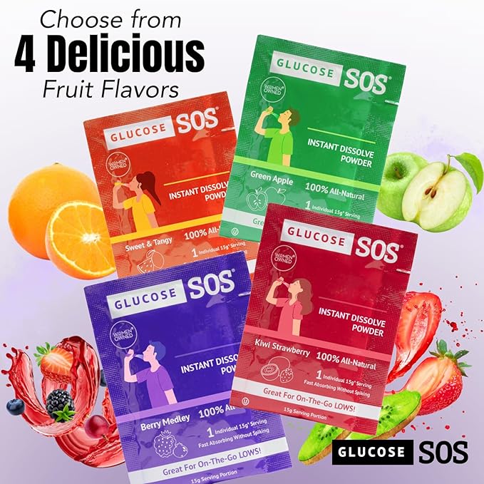 Glucose SOS Glucose Powder Packets with Natural Dextrose, Fast-Absorption That Instantly Dissolves in Your Mouth with No Water Needed, Kiwi Strawberry 6 Servings