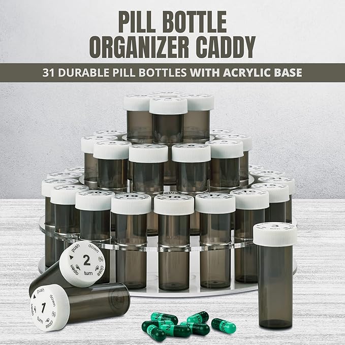 Monthly Pill Bottle Organizer Caddy - 31 Numbered Full-Size Pill Bottles w Child-Proof Lids for Each Day of The Month- Clear Rack and Easy to Use for Daily Dose of Medication Vitamins and Supplements