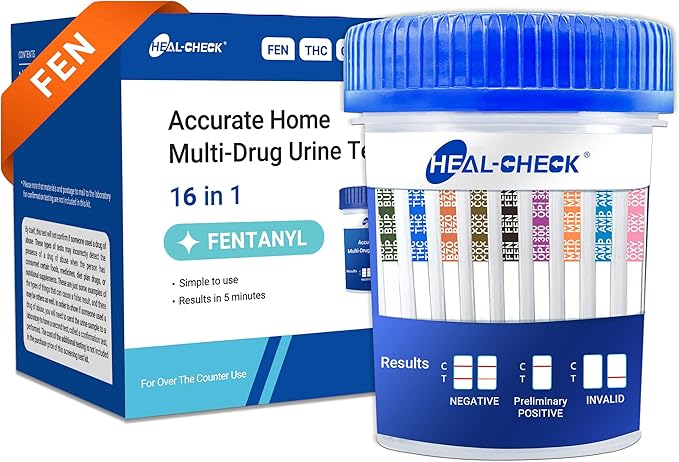 1 Pack 16 Panel Multi Drug Urine Test Kit, HEAL-CHECK Urine Drug Test Cup for Home or Workplace, Screens for Fen (Fentanyl), THC, AMP, BUP, BAR, BZO, COC, MET, MDMA, OPI, MTD, OXY, PCP, PPX, TCA, TML