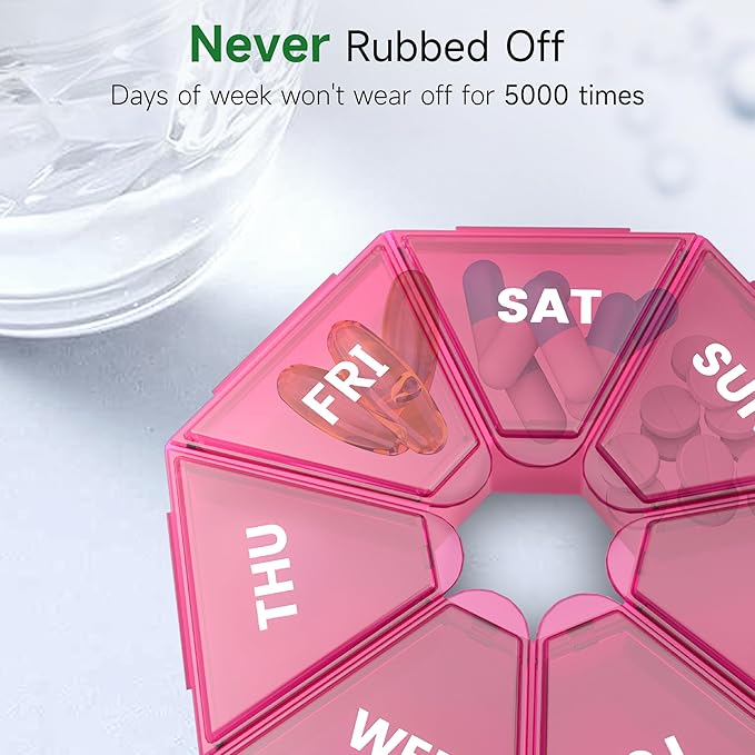 Weekly Pill Organizer, 2 Pack Portable Pill Box Medicine case 6 Colors (Seven Day) New Edition for Vitamin/Fish Oil/Pills/Supplements-Arthritis Friendly (Red)