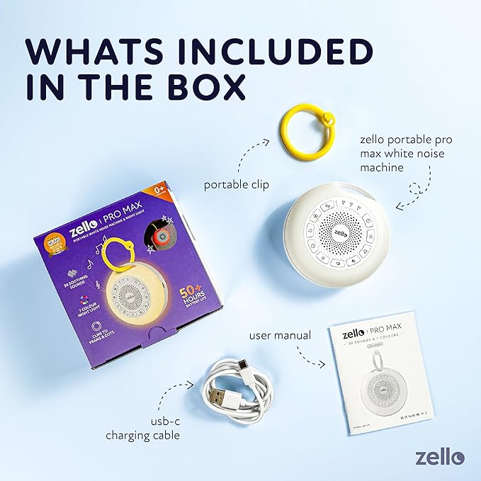 Zello | Portable Pro Max White Noise Machine | 30 Sounds | 55+ Hours Battery Life | 7 Colour Night Light | Child Lock | Sleep Timer | USB Rechargeable | Baby Sleep Aid | Sleep Sound Machine