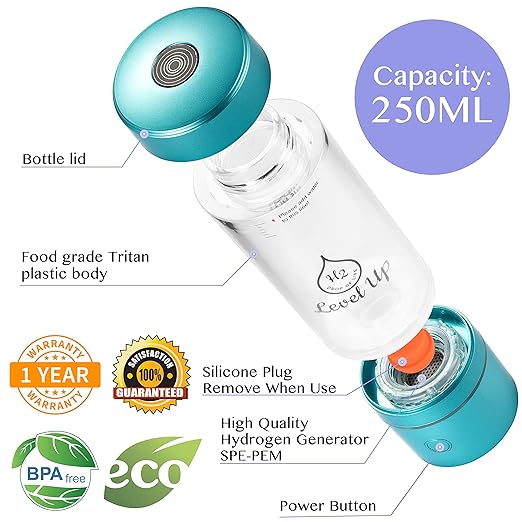 LevelUpWay - Improved Hydrogen Water Bottle Generator – Up to 4000 PPB Pure Hydrogen Water – Dual Chamber SPE PEM Technology – Blue – Enhanced Hydration Solution