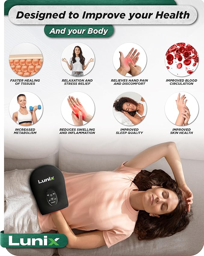 Lunix LX23 Red Light Therapy for Hand, 50 Triple Chips LED 850 and 660nm, Infrared Therapy for Circulation & Joint Support with Vibration, Portable, Rechargeable, Adjustable Intensity