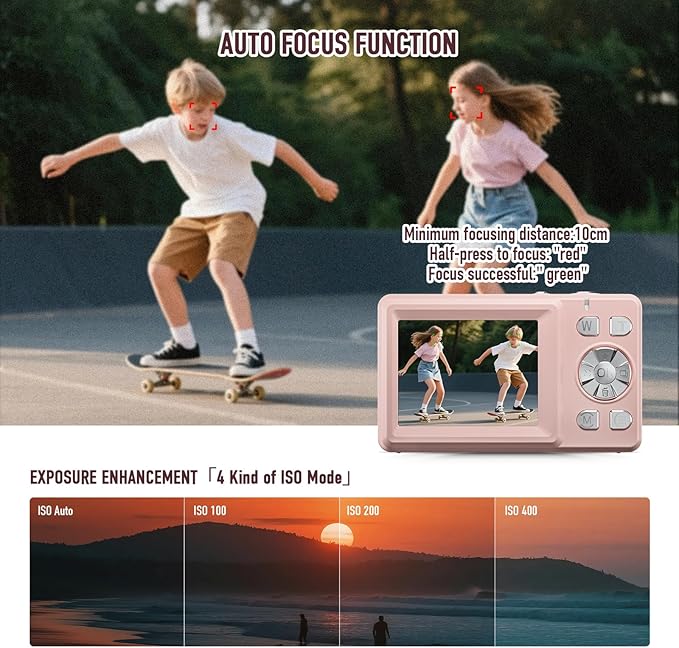 Digital Camera, 4K 48MP Autofocus Dual Screen for Selfies, 18X Zoom Fill Light, Portable Point and Shoot Travel Camera with 32GB SD Card for Kids, Teens, Girls, Boys- Pink