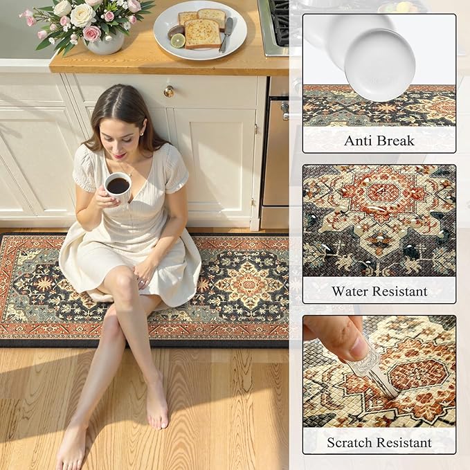 Kitchen Mats for Floor 2PCS Cushioned Anti Fatigue,Farmhouse Vintage Comfort Standing Kitchen Rugs Non Slip,Memory Foam Carpet for Laundry Office Bathroom,Blue