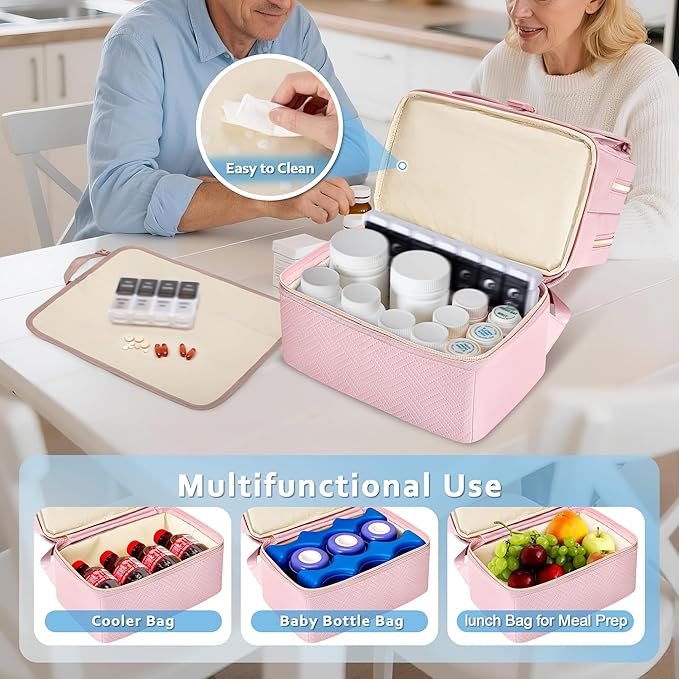 Fasrom Medicine Travel Bag Backpack with Insulated Compartment & Waterproof Mat, Double Layer Pill Bottle Organizer for Prescription, Vitamins and Medical Supplies, Pink (Empty Bag Only)