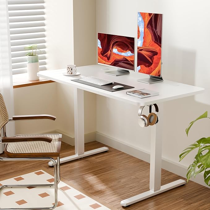 ERGOMAKER Electric Standing Desk, 43.3" x 23.6" Height Adjustable Sit Stand Desk with Splice Board for Home Office, Computer Desk Memory Preset (White Frame, White Desktop)