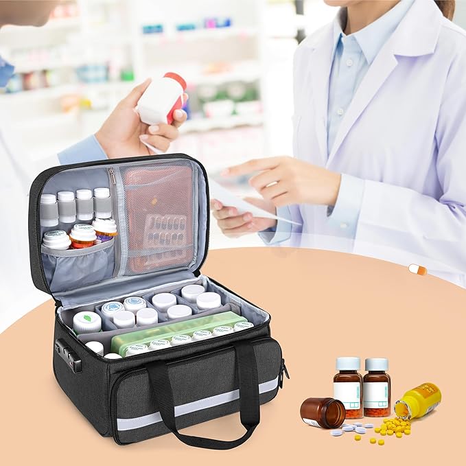 CURMIO Pill Bottle Organizer Storage, Medication Lock Box for Pill Organizer and Medical Supplies, Black (Patented Design)