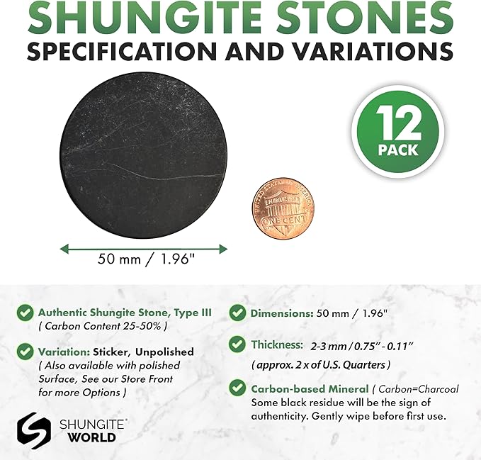 12 pcs Authentic Shungite Stickers Unpolished 50 mm / 1.96" Genuine Healing Energy Stone Protection Plate for Cell Phone Case Tablet Laptop Computer Noble Gemstone Protector Crystal