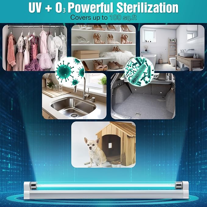 8w UV Light with Ozone, 110V UVC Double Germicidal Lamp Including ON/Off Switch Cord and Plug, 253.7nm Wavelength UVC Lamp with Connector and Screw Tools for Closet Shoe Cabinet