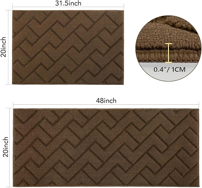 hicorfe Kitchen Rugs and Mats Sets,2 Pieces Super Absorbent Polypropylene Non-Slip Rug,Soft Comfort Floor Mat,Washable for Kitchen,Hallway,Office,Sink,Laundry(20" x 32"+20" x 48",Dark Brown)
