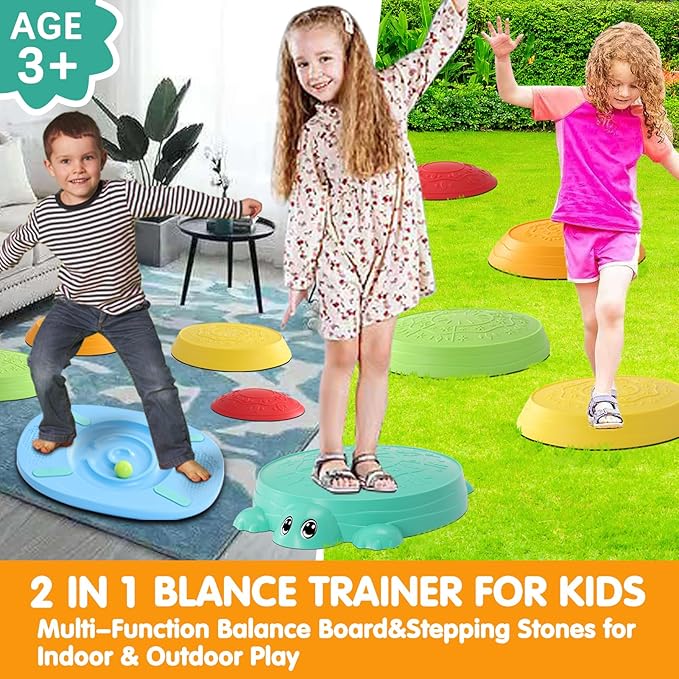 Balance Board & Stepping Stones for Kids - 2-in-1 No-Slip Turtle Stepping Stones and Balance Board for Toddler Balance & Obstacle Course, for 3 4 5 6 Year Old Kid Indoor & Outdoor Play