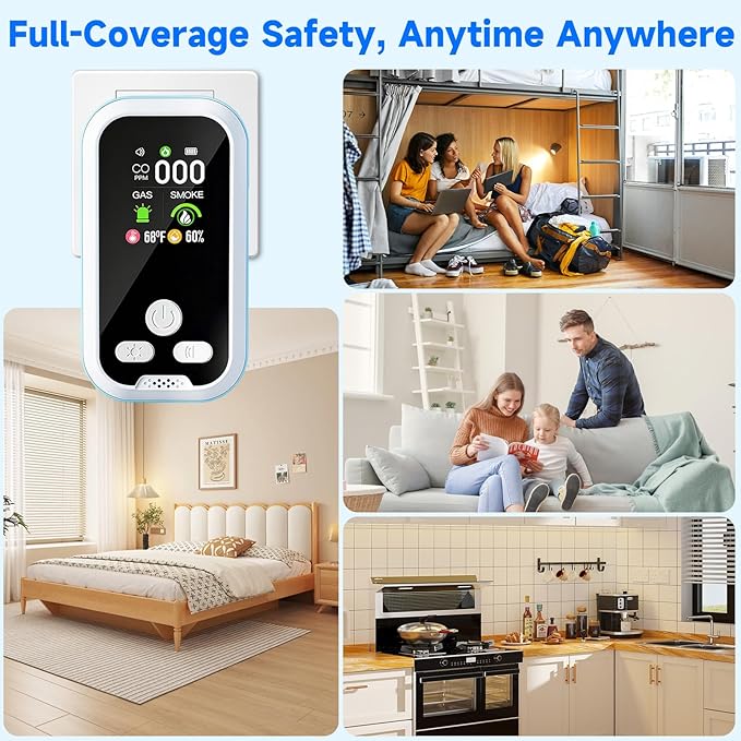 6-in-1 Carbon Monoxide Detector 2 Pack Combo with LCD Display, Detects CO, Natural Gas, Smoke, Temperature, Humidity for Home, Hotel, RV, Apartment Safety, Monoxide Alarm HD Screen