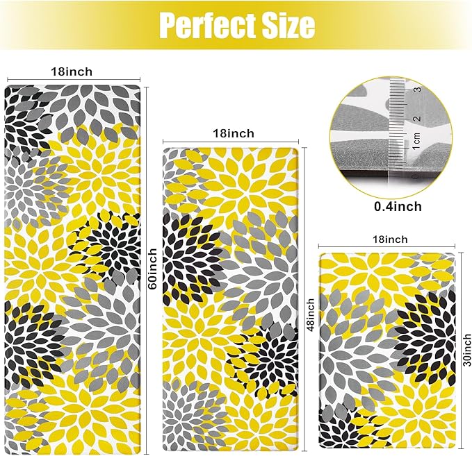 Likiyol Kitchen Mats for Floor [3 PCS] Anti-Fatigue Comfort Kitchen Rugs, Boho Flower Cushioned Waterproof Decor Mat Thick, Standing Floor Mats for Home/Office, 18''x30''+18''x48''+18''x60''(Yellow)