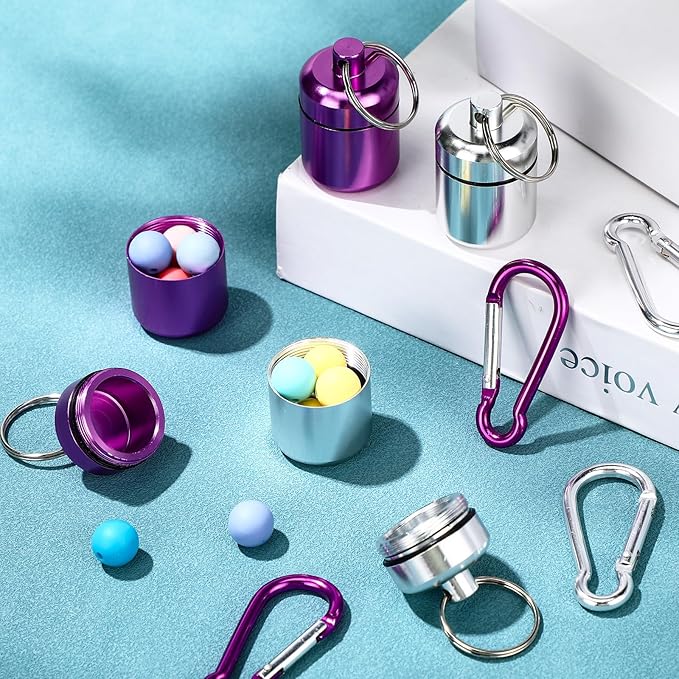 Hicarer 4 Pack Ear Plug Carrying Case, Waterproof Metal Ear Plug Holder with Keychain, Portable Small Pill Case Container for Earplugs, Jewelry, Pill Organizer for Travel or Sports(Silver, Purple)