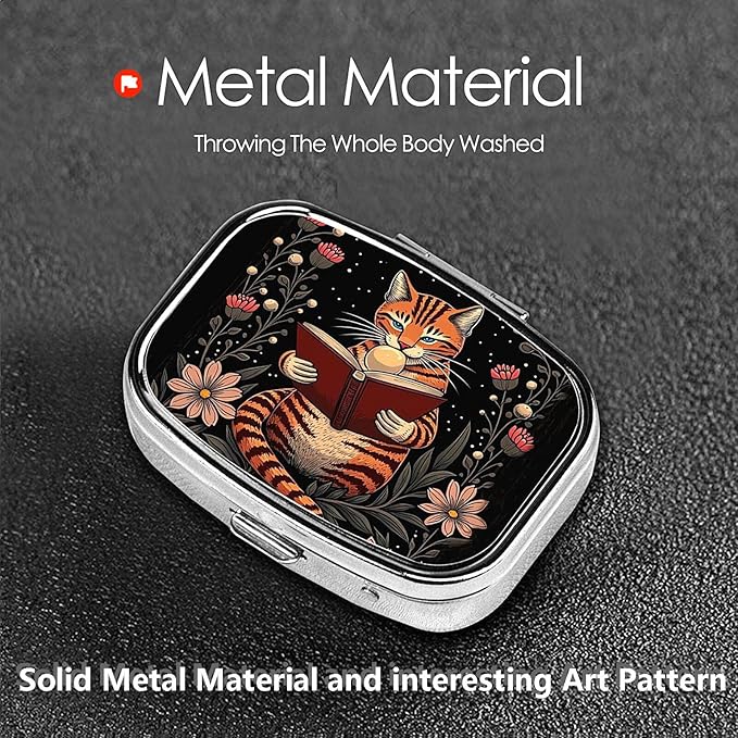 ABLESKY Pill Box, 2 Compartment Pill Organizer Case for Pocket or Purse, Small Portable Metal Travel Medicine Box with Mirror, Daily Vitamins Fish Oil Container-Vintage Reading Cat
