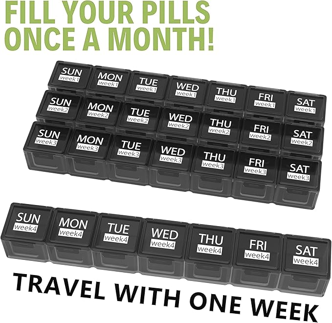 Monthly Pill Organizer 28 Day Pill Box Organizerd, Large 4 Weeks One Month Pill Cases with Dust-Proof Container for Pills, Vitamin, Fish Oil, Supplements (Black)