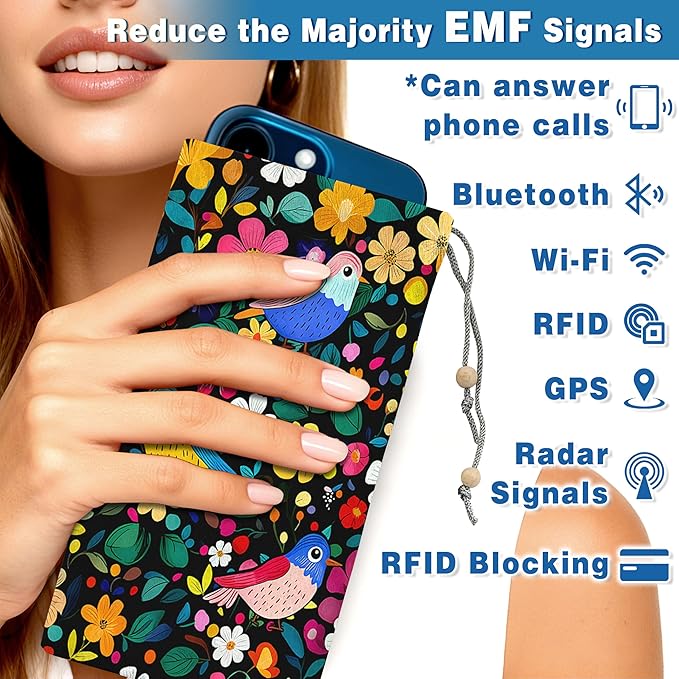 EMF Shield Sleeve for Cell Phone Reduce Signal Anti-EMP Pouch Against Radiation, EMF, 5G, RFID Blocking 4x8 Inch Flower Bird Phone Sleeve Bags