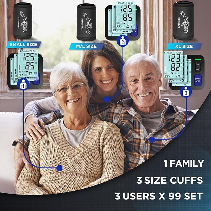Upper Arm Blood Pressure Machine - 3 Size Cuffs, Small 7"-9", Medium 9"-17" and Extra Large XL 13"-21" for Big Arms, Accurate Automatic Digital BP Machine for Home Use, Large Display, 3 Users