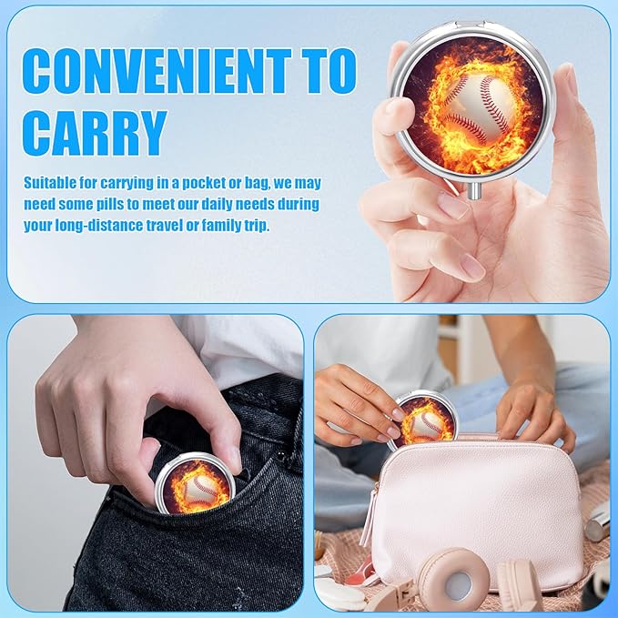 Baseball Pill Case, Pill Box 3 Compartments Metal Small Pill Holder with Mirror Mini Travel Pill Container for Purse Pocket Women Men