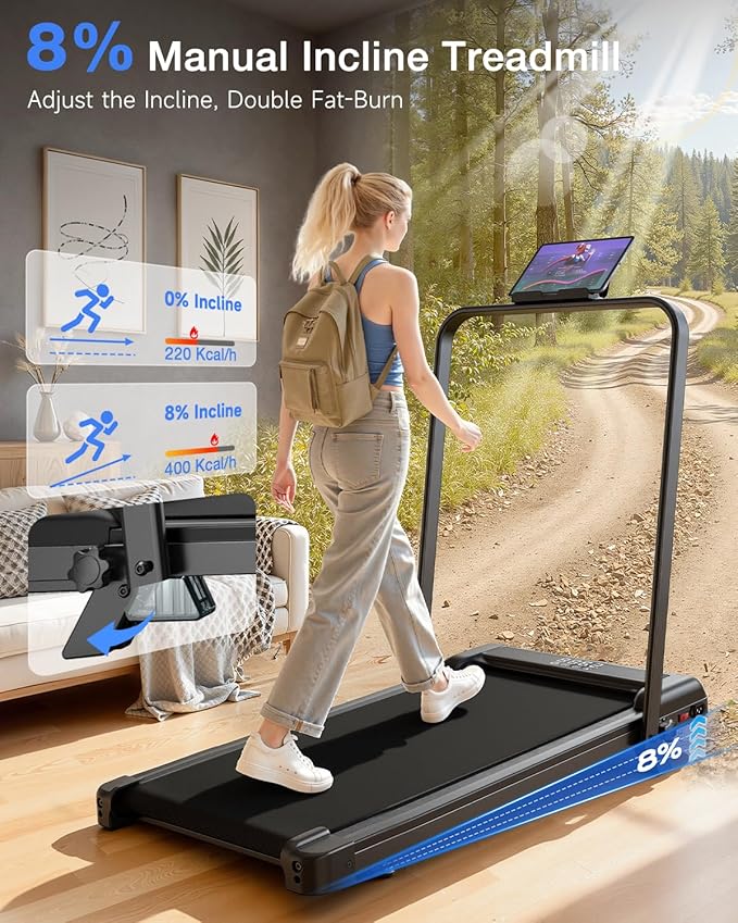 2 in 1 Walking Pad with Handle Bars, 8% Incline Foldable Treadmills for Home Office Ultra Quiet <40dB, 3.5 HP Portable Walking Jogging Running Machine with LED Display & Remote, 320+LB Capacity