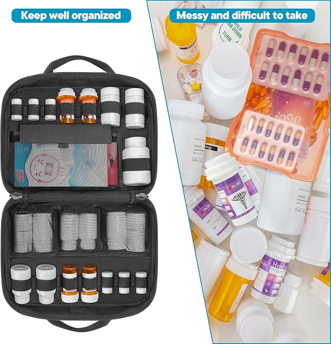 Damero Pill Bottle Organizer, Travel Medicine Bag Medication Organizer Storage for Pills Bottles and Medical Supplements, Black(Bag ONLY)