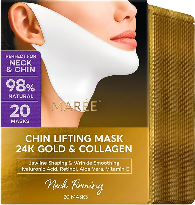 MAREE V Line Lifting Mask with 24K Gold – Deep Collagen Face Mask for Women – Jawline Shaper Mask with Retinol & Hyaluronic Acid – Neck Tightening & Firming – Double Chin Strap for Face Lift