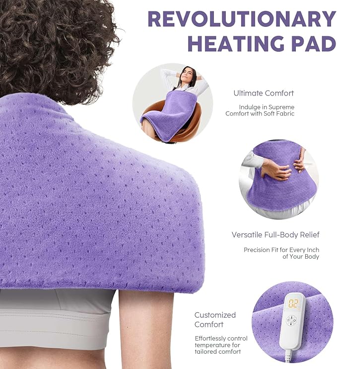 Heating Pad for Back Pain Relief, 33"x17" Electric Heating Pad for Shoulder, Neck, Cramp, Menstrual Pain, Christmas Gifts for Women Men Mom Dad-6 Heat Settings and Auto-Off, Moist/Dry Heat pad, Purple