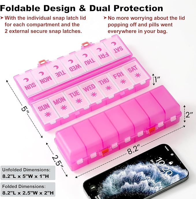 Foldable Pill Organizer 2 Times a Day w/Etched Labels -Dual Protection & Portable Weekly AM PM Pill Box, 7 Day Medicine Container, Large Travel Pill Case for Week Daily Supplement Vitamin -Clear Pink