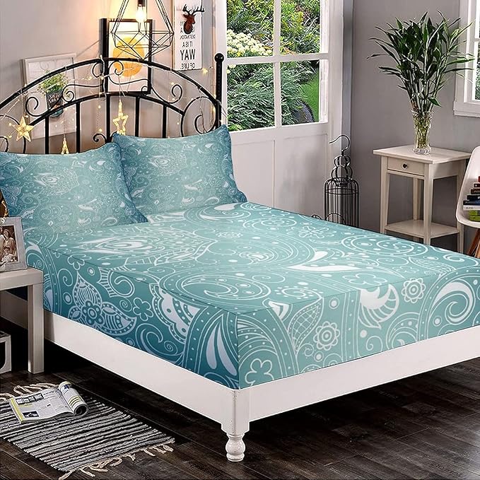 XISUNYA Decorative Bedding Sheet Set King Size, Aqua Deep Pockets Fitted Sheet & 2 Pillowcases Set(No Flat Sheet), Vintage Abstract Design Indian Floral Leaf Print Microfiber 3pc Bed Sheets Set