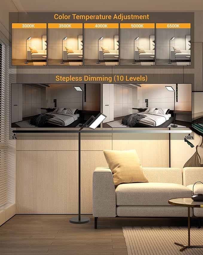 Light Therapy Lamp 12000 Lux UV-Free Full Spectum Floor Therapy Lamps, 4 in 1 LED Sun Lamp, 10 Brightess Levels, 5 Color Modes, Remote&Touch Control, Adjustable Timer/Height/Angle, Black