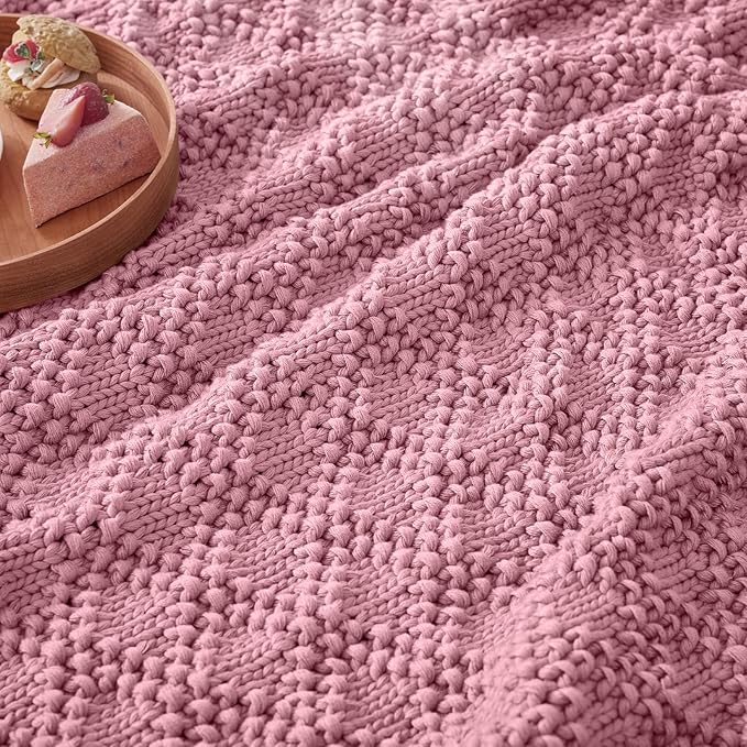 Knitted Weighted Blanket for Adult, Chunky Knit Weighted Throw for Sleep 50"*60" 10lbs, Cooling Breathable Heavy Blanket for Hot Sleepers, Machine Washable Blanket for Room Decor(Pink)