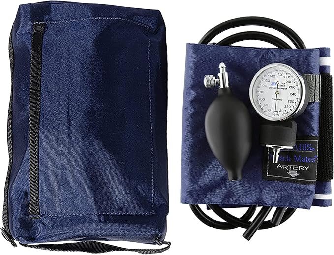 MABIS MatchMates Manual Blood Pressure Monitor Kit Aneroid Sphygmomanometer with Calibrated Nylon Cuff and Oversized Carrying Case, Adult, Navy