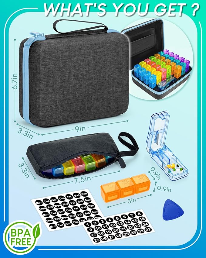 Monthly Pill Organizer 2 Times a Day with Weekly Pill Bags, Portable Hard Shell Case, Pill Cutter & Opener Pick, Monthly and Weekly Stickers for Medication Management (Blue, 3 Times a Day)