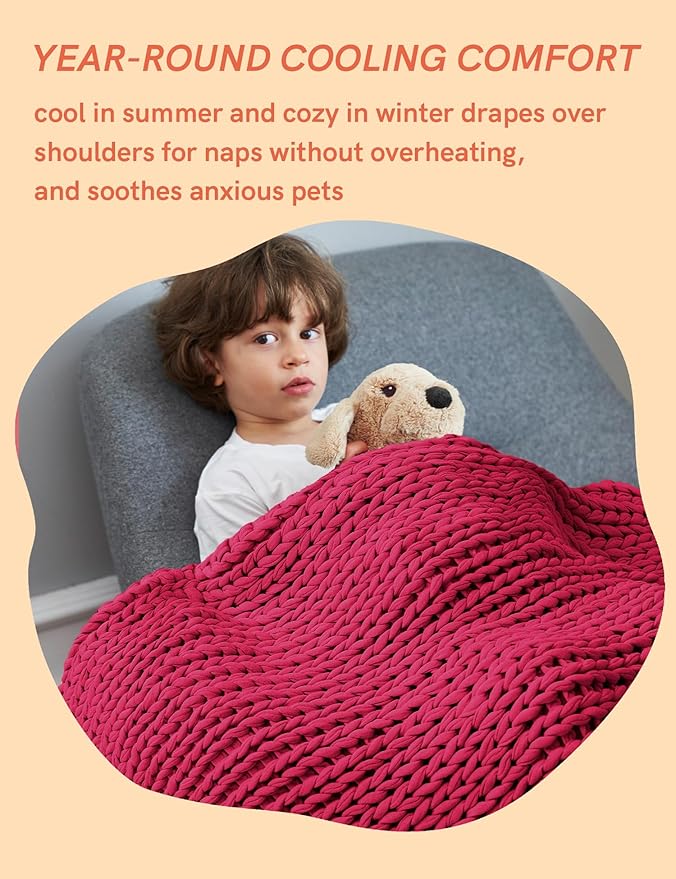 YnM Cooling Weighted Blanket, 100% Cotton Handmade Chunky Knitted Blanket, Weighted Lap, Breathable Heavy Blankets, Machine Washable Throw for Sleep or Home Decor (Rose Pink, 25x35 Inch, 3lbs)