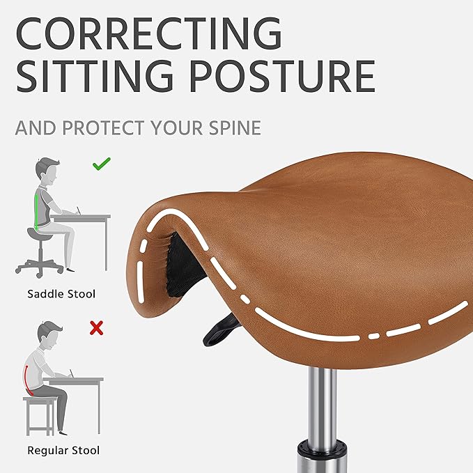 Yaheetech Saddle Stool Rolling Saddle Chair with Wheels Swivel Adjustable Stool for Hair Stylist/Lash Tech PU Leather Tattoo Massage Chair, Retro Brown