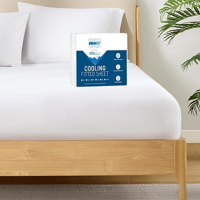 Degrees of Comfort Coolmax® Cooling Fitted Sheet Only, Soft Queen Size Bed Sheets for Hot Sleepers, up to 15" Deep Pocket, All Around Elastic, Wrinkle Free, Fade Stain Resistant, White 1 Piece