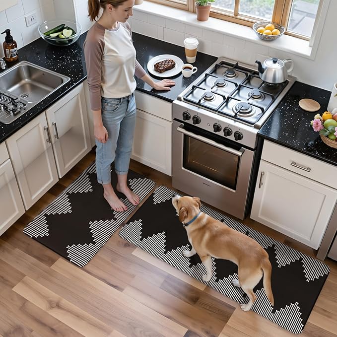 KIMODE Anti Fatigue Kitchen Mats for Floor, Black Diamond Kitchen Rugs Sets of 2, Kitchen Floor Mats Cushioned Non Slip, Memory Foam Standing Mats for Laundry Office Sink Desk 20"x47"+20"x32"
