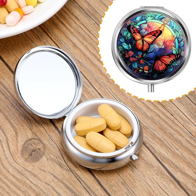 Pill Box Cute Small Pill Box for Purse & Pocket Medicine Organizer Travel Pillbox Waterproof Pill Case Metal Pill Container Holder for Vitamins, Fish Oil, Supplements (Silver Butterfly)