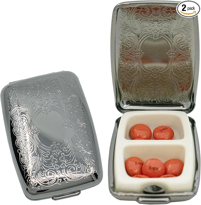 Set of 2 Etched Rectangular Pocket Purse Pill Box & Organizer with Dual Compartments (Victorian - Pewter)