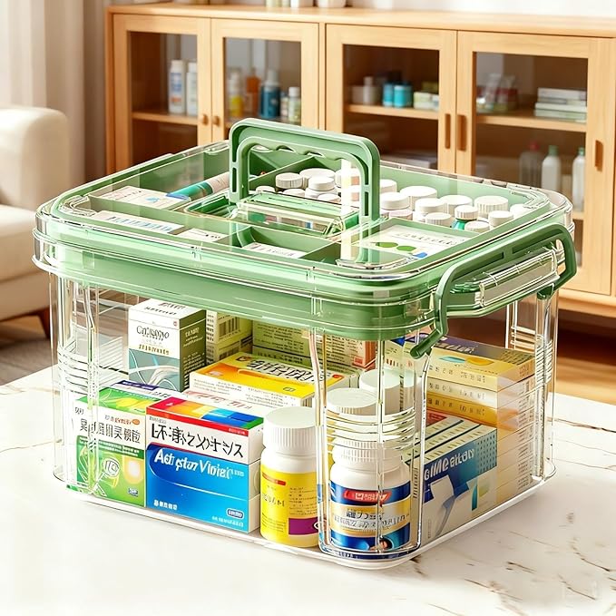 Varku Clear Medicine Storage Box, Large 13.3 x 9.4 x 7.5 in First Aid Organizer Box with Buckle, Handle and 2-Layer Design, Portable Medical Storage for Family Use