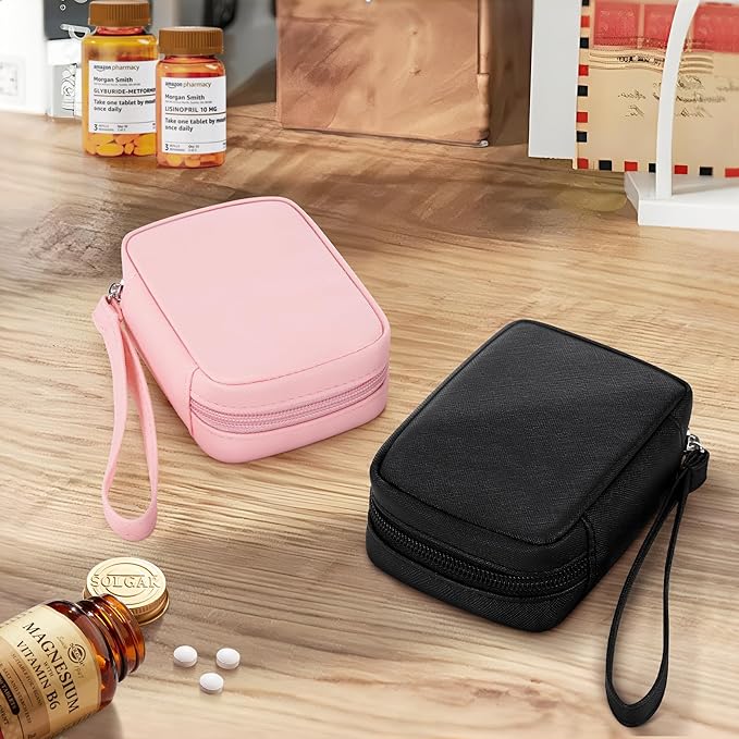 Zannaki Cute Pill Organizer for Purse with Two Removable 7-Day Pill Box, Travel PU Leather Pill Case, Portable Weekly Pill Container with Storage Bag to Hold Vitamins, Fish Oils, Supplements (Black)