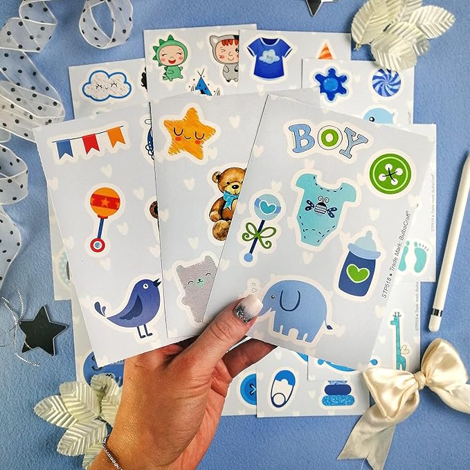 BulbaCraft 100Pcs Boy Stickers for Shower, Newborn Stickers, Shower Favors for Boys, Elephant Decals, Gifts for Women & Men