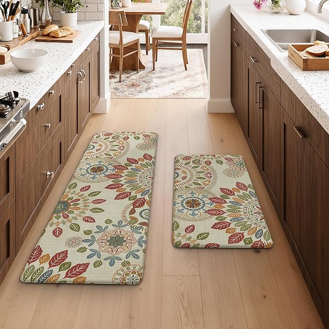 GENIMO Kitchen Mats for Floor 2PCS, Cushioned Kitchen Rugs Non Slip Washable, Farmhouse Anti Fatigue Mat Waterproof, Comfort Standing Mat Rug for Office, Home, Laundry, 17.3"x47"+17.3"x30", Beige&Red