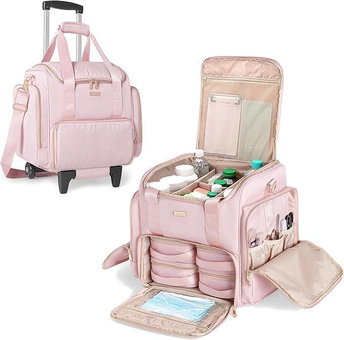 Rolling Medicine Bag for Travel, Large Pill Bottle Storage Bag on Wheels with 4 Cases and Detachable Trolley,Pink