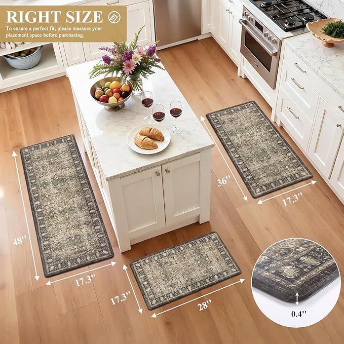 Pauwer Anti Fatigue Kitchen Floor Mats Set of 3, PVC Foam Padded Kitchen Rugs, Non Slip Cushioned Comfort Standing Mat, Waterproof Sink Rug for Small Kitchen Area, Laundry Room, Multi Brown